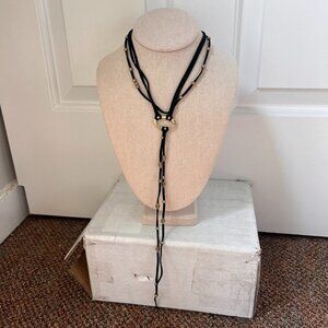 Black faux suede gold tone bolero lariat y necklace very long western costume